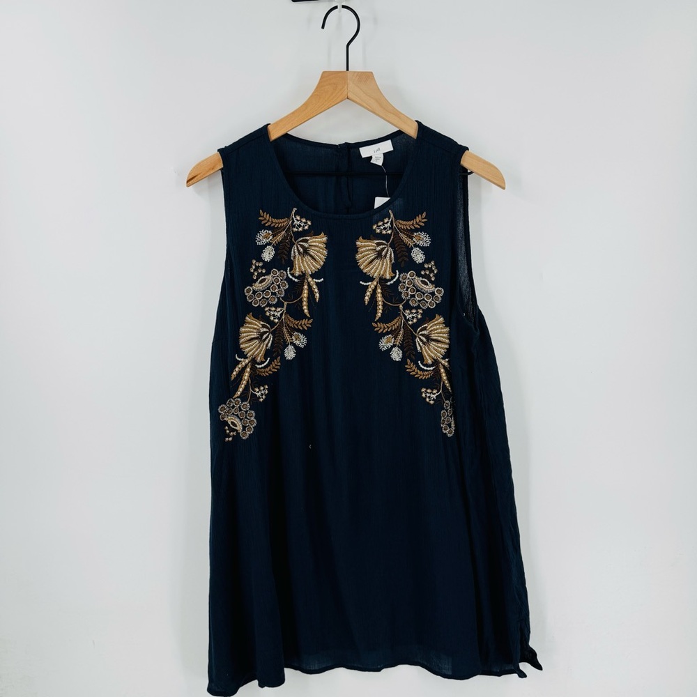 J. Jill Navy Blue NWT Sleeveless Embroidered Top Long Line Boho Layering Size L